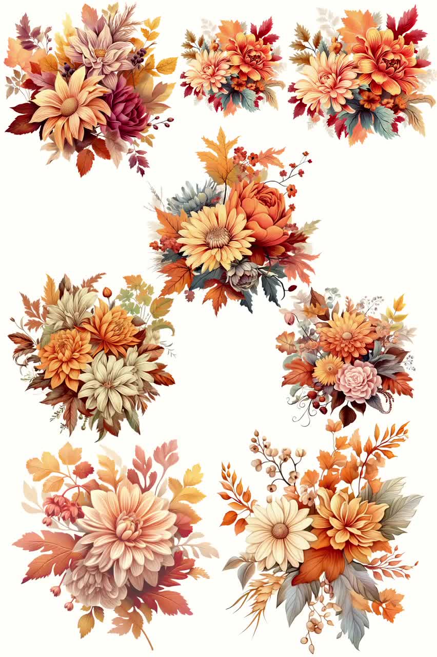 Autumn Bouquets Png Clipart, Fall Flowers Instant Download for Commercial  Use, Terracotta and Orange Floral Digital Illustration