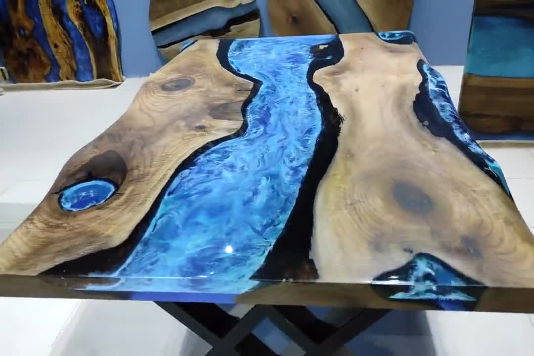 Ocean Waves Epoxy Resin Top Table Acacia Wooden Handmade Furniture