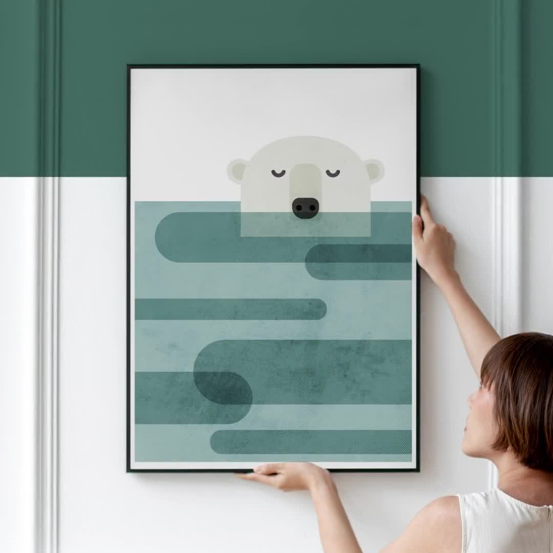 Polar Bear Mid Century Modern Wall Art, Arctic Geometric Animals Artwork  for a Nordic Home Decor, Graphic Retro Wild Life Illustration Print 