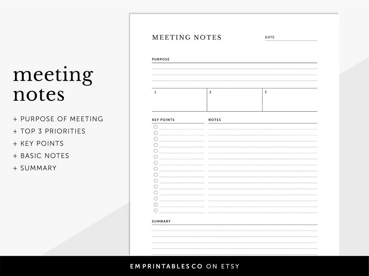 The Cornell Note Taking System, Meeting Notes Template, Meeting Agenda,  Fillable & Printable Planner Inserts, A4/A5/Letter/Half Size