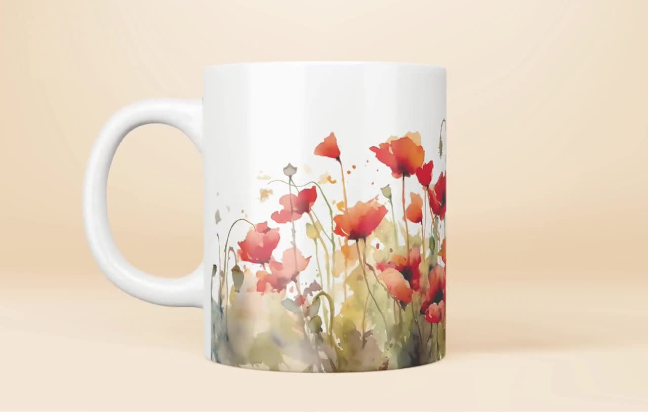 FABGIFT Personalized Watercolor Flowers Coffee Mug – Custom Name Red Poppies Mug, 11oz Or 15oz, Ceramic