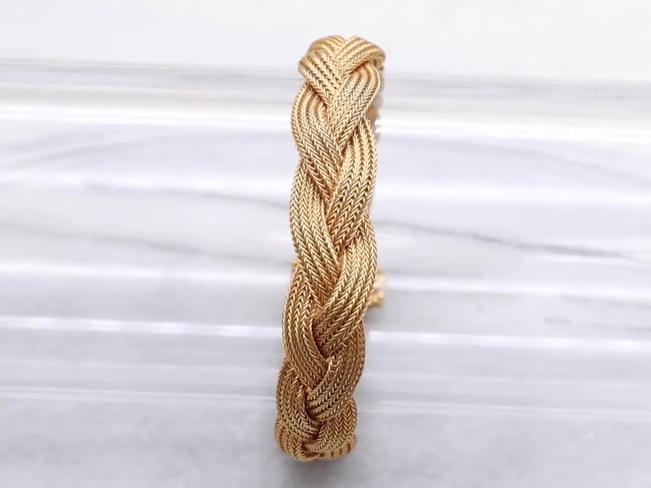 編み込み18Kゴールドブレスレット、編み込みフォックステールチェーン