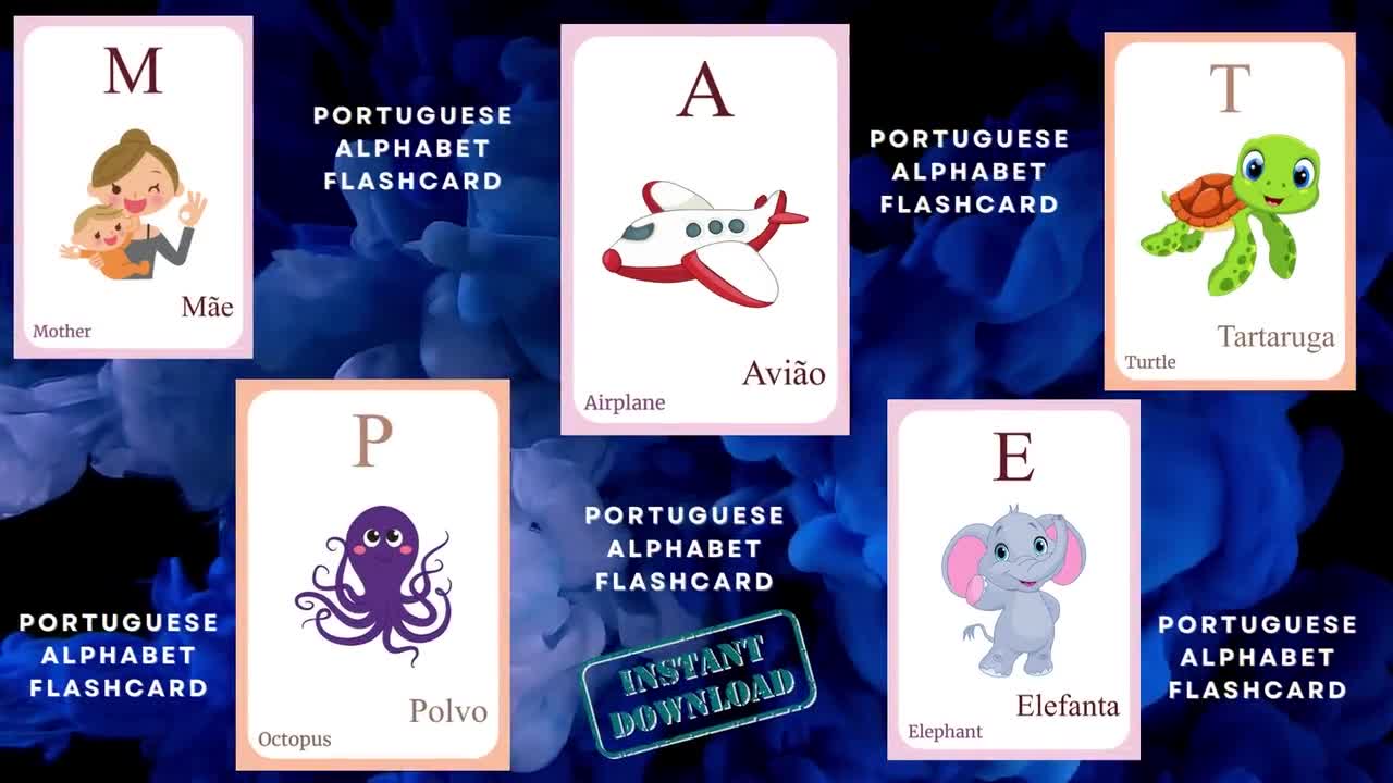 PORTUGUESE Alphabet FLASHCARD with picture, Learning PORTUGUESE