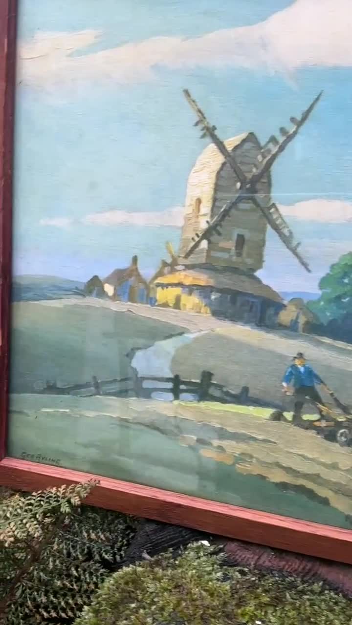 ジョージ・アイリングの絵画から、耕作する馬、風車、イギリスの田園