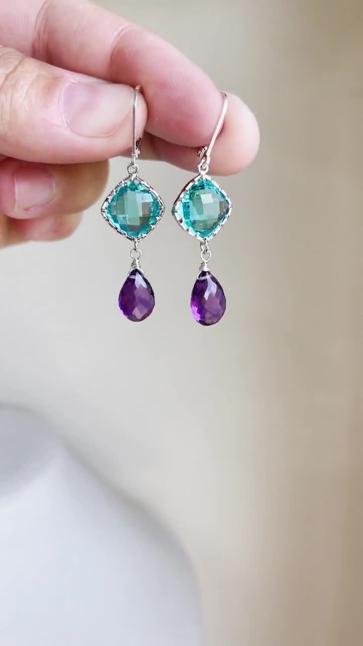 Apatite and Amethyst Earrings, Teal and Purple Elongated Statement Earrings  in Gold or Silver, Elegant February Birthstone Gift for her