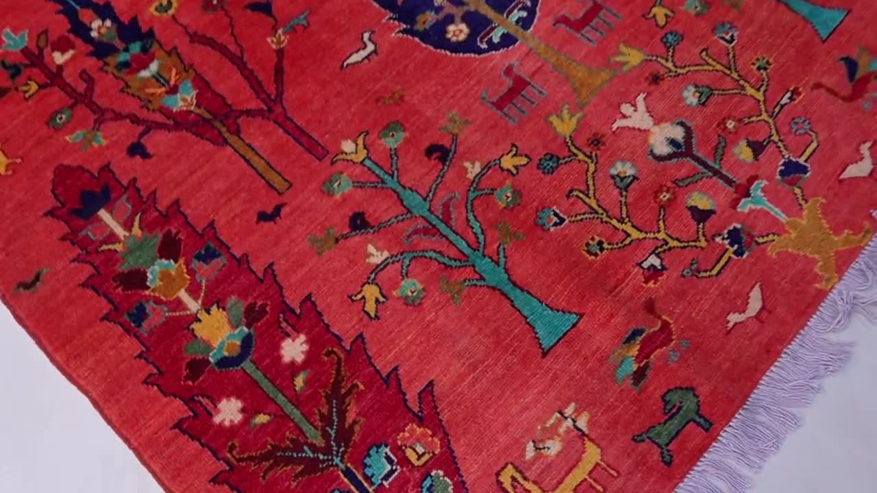 5x7 オレンジ ピクトリアルラグ - 生命の樹ラグ - アフガニスタン