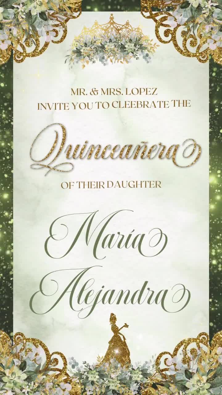 Invitación Princesa y el Sapo, invitación quinceañera, invitaciones para  quinceañeras, invitación animada Princesa Tiana, verde salvia y dorado.