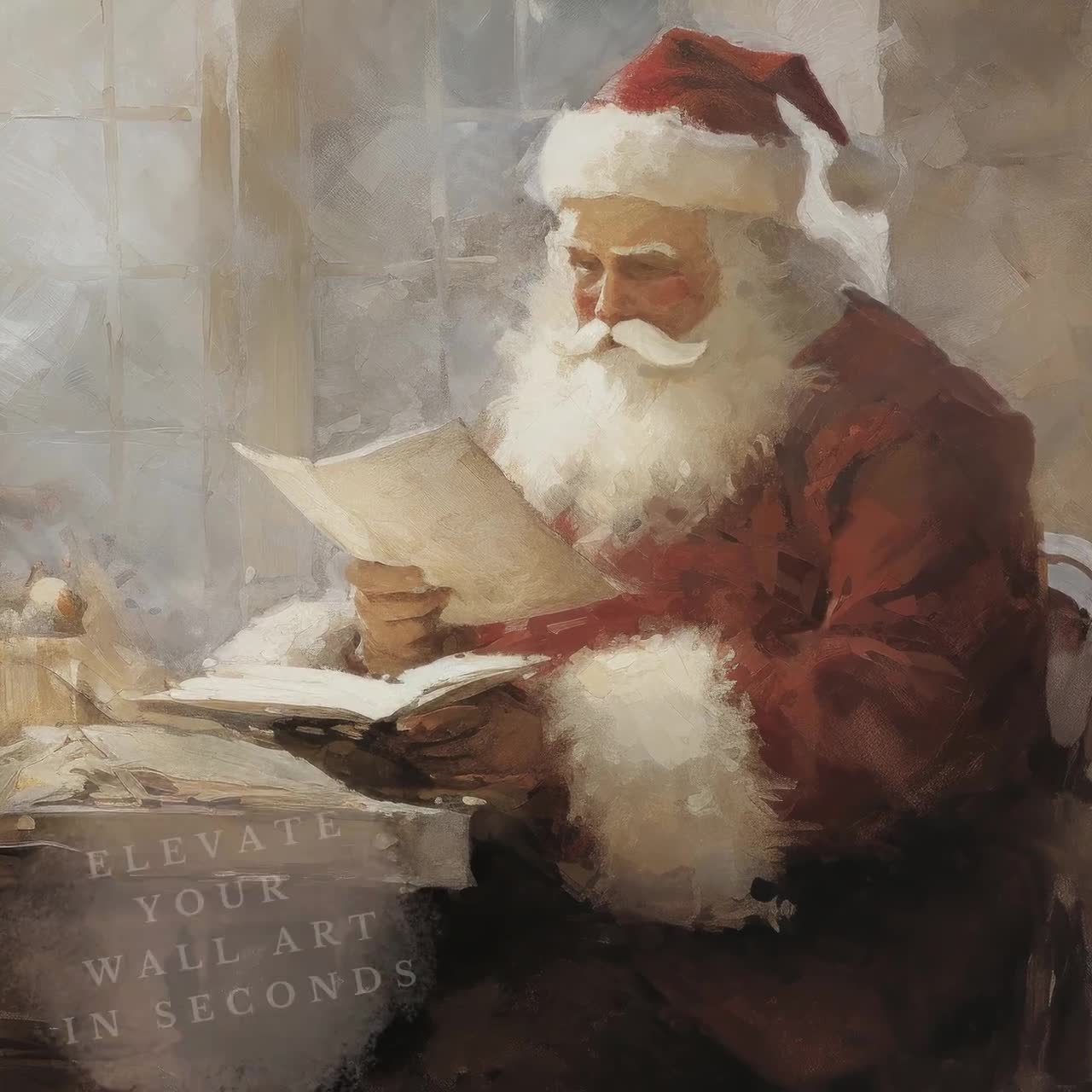 Tableau Toile Noël Vintage - Père Noël Lisant Un Livre, 30 X 40 Cm (sans Cadre) - Décoration Murale Salon, Chambre, Ambiance Festive