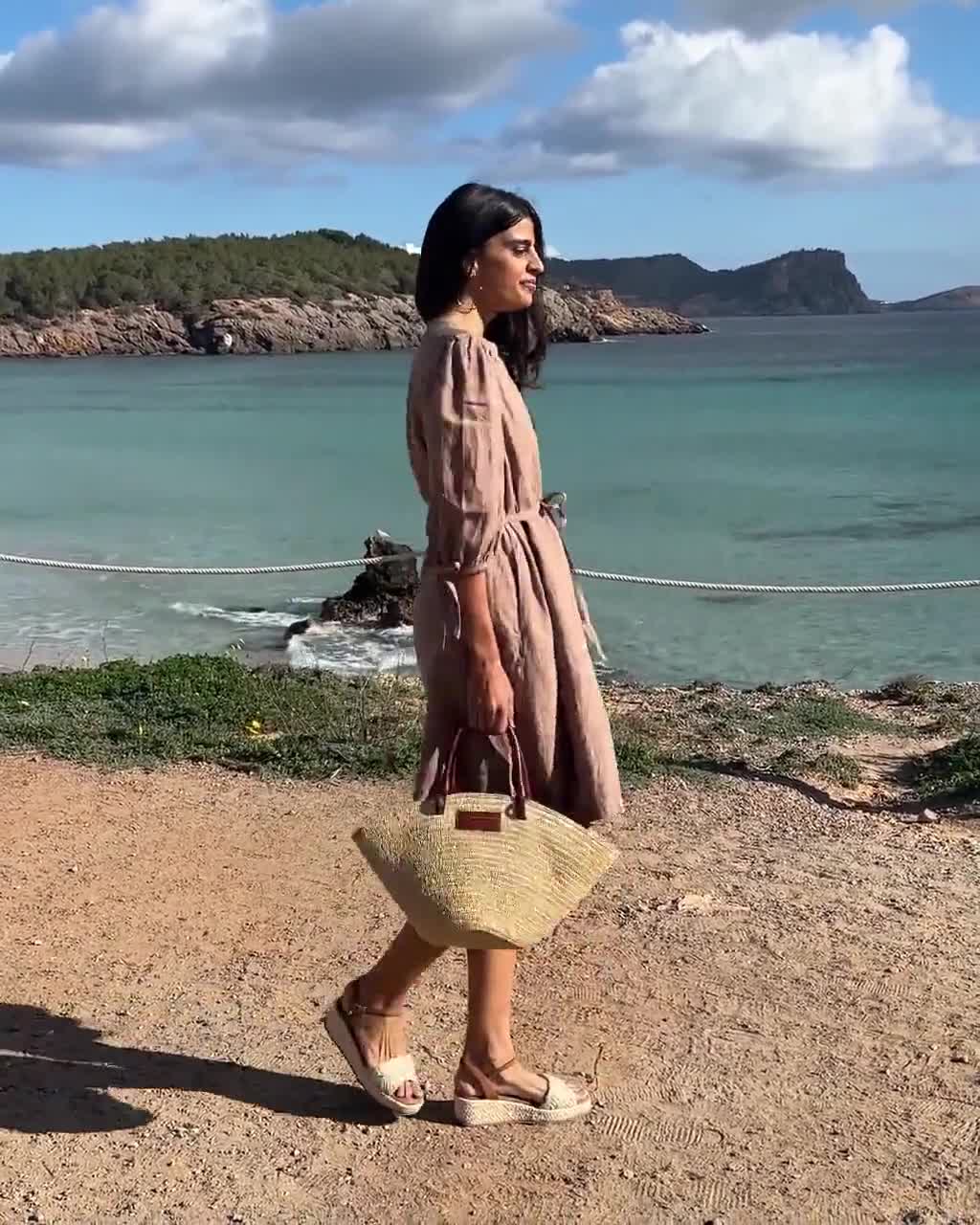 linen dress pastel Linen Puff Sleeve Dress – Romantic Linen Dress – Tie Waist Midi Flowy Dress  – Fashion in Pastel Brown – Boho Outfit for Her VILNIUS
