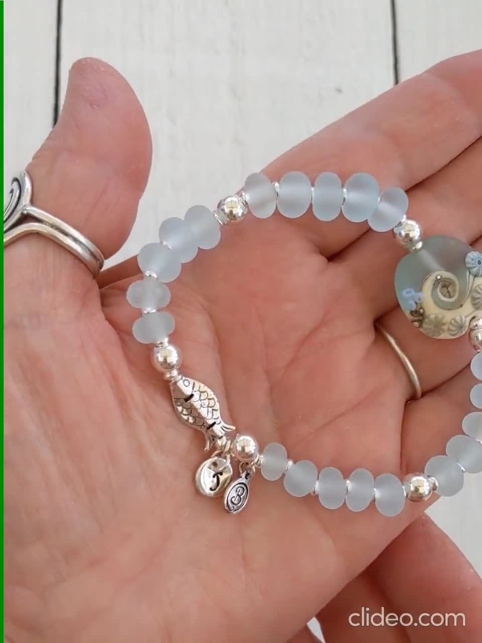 Sea Mist Silver Fish Bracelet Handmade Glass Beads Beach Art 