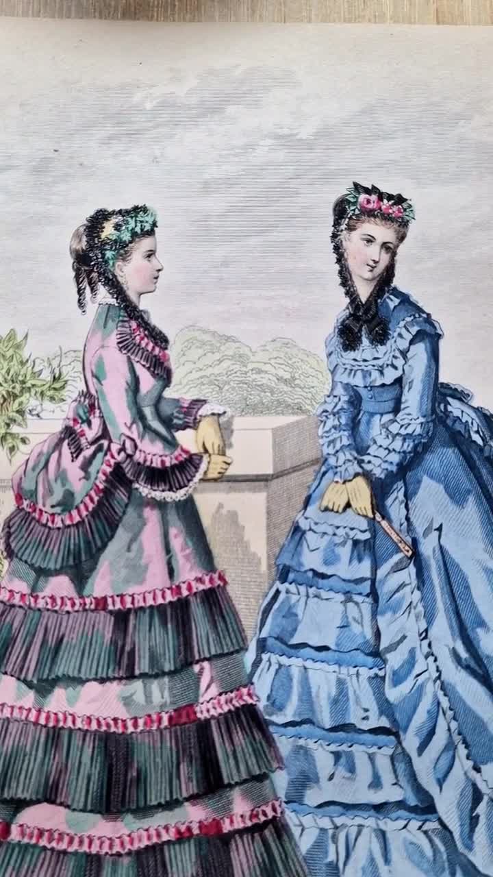 1869 French Fashion Plate – Paris Victorian Dresses in Blue & Rose