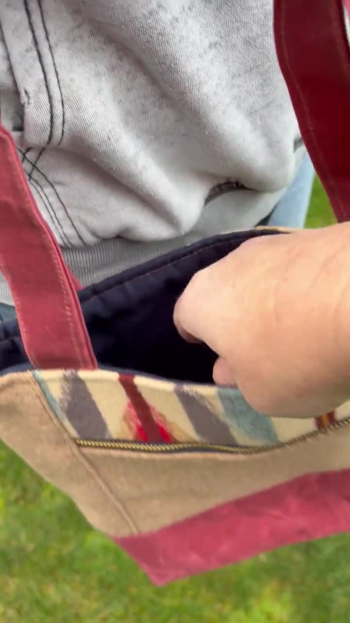 Wool and Waxed Canvas Tote Bag Made With Pendleton Fabric PNW Southwest Pattern Zipper Pockets Red Blue Beige video poster