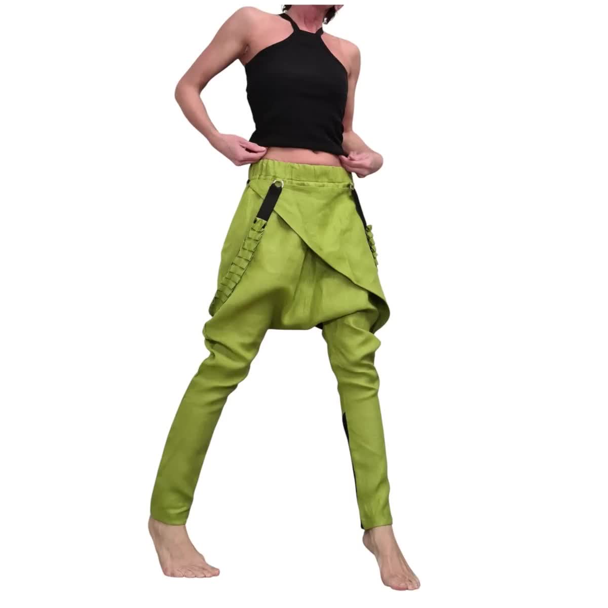 Pistachio Green Linen Pants for Women, Statement Drop Crotch