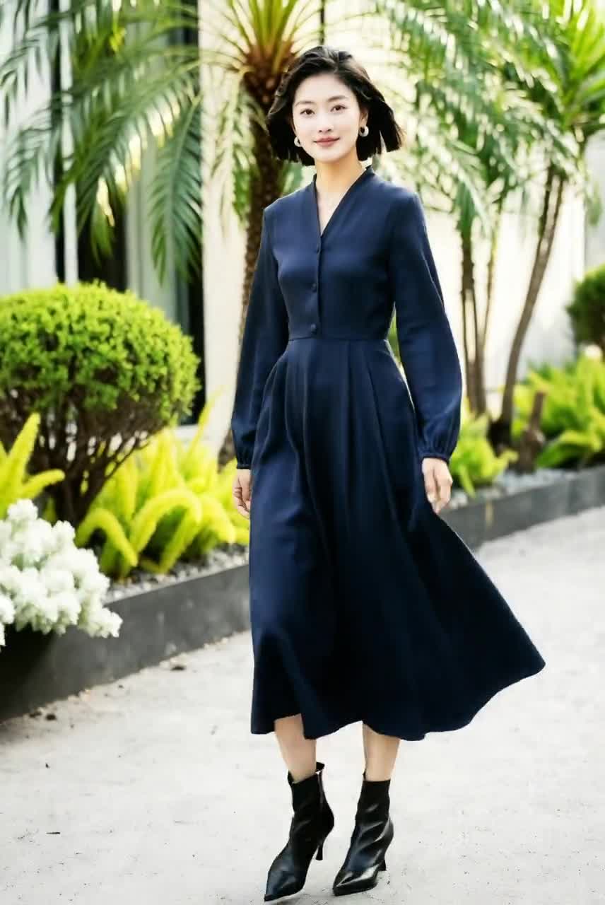 Navy Blue Long Sleeve Midi Shirt Swing Dress, Custom, Xiaolizi