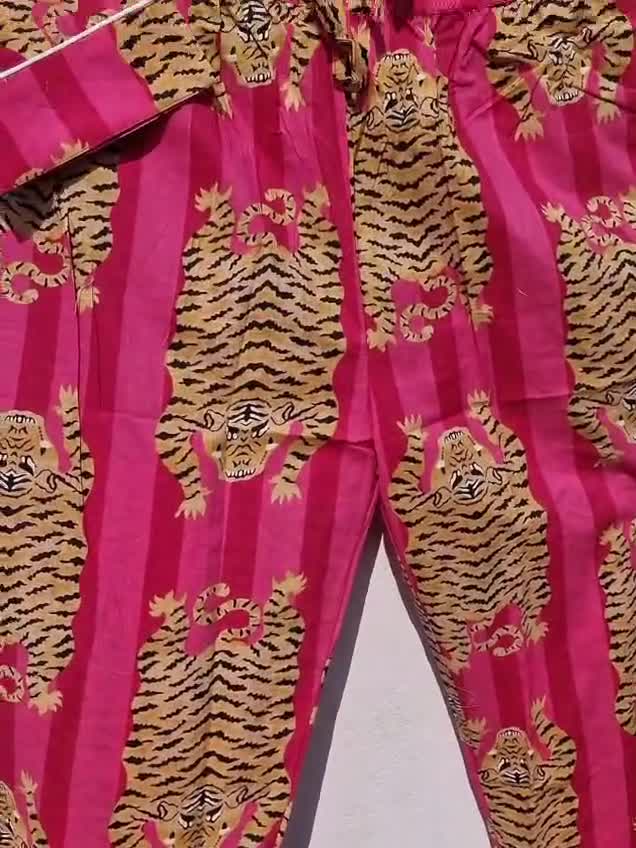 Personalized Pink Cotton Pajama Set | Tiger Print with Tote & Pouch video poster