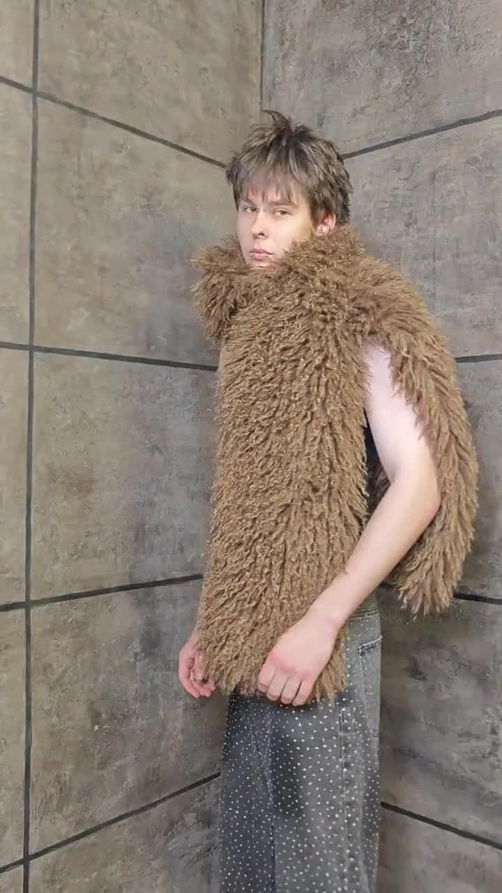 Brown Shaggy Faux Fur Scarf, 2m Extra Long Mongolian Stole, Unisex