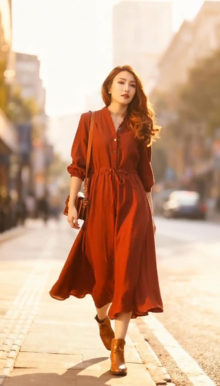 Rust Red Linen Shirt Dress, Casual Linen Maxi Dress With