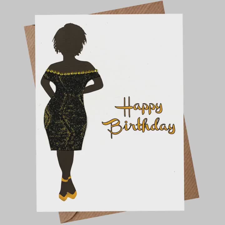 Happy Birthday Card - Girl in Black/Gold