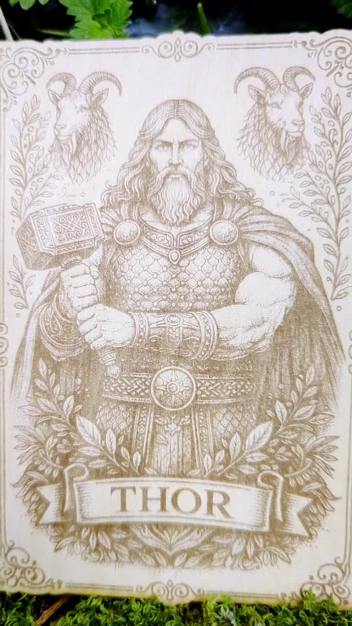 Thor Icon Card Engraved on Wood, 15x10 Cm, Viking God, Norse Magic
