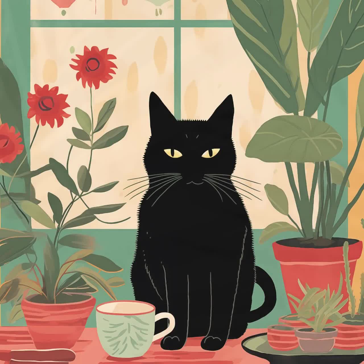 【半額SALE】149,060→ 74,530猫油絵『猫珈琲店』 黒猫のコーヒープリント、面白いキッチンの壁飾り、風変わりな猫の