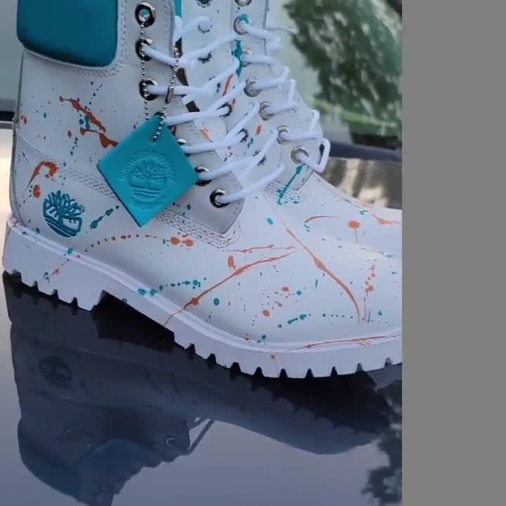 Custom Painted Timberland Boots: Turquoise White Splash Streetwear