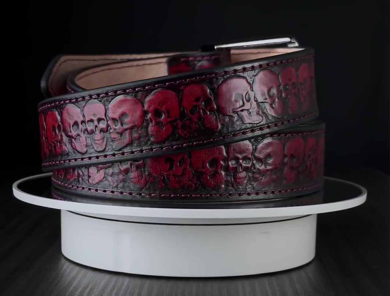 Leather Skull Belt, Biker Belt, Skull Tooled Brown Leather Belt