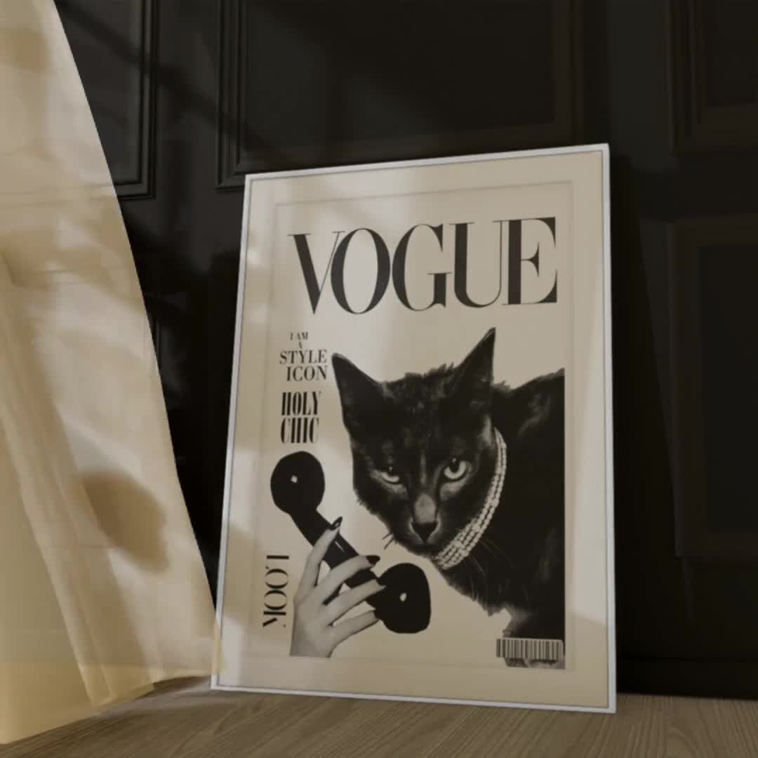 Póster de moda de gato negro / Lámina decorativa de estilo Vogue / Estética editorial parisina / Arte de portada de revista elegante / Declaración para amantes de los gatos video poster