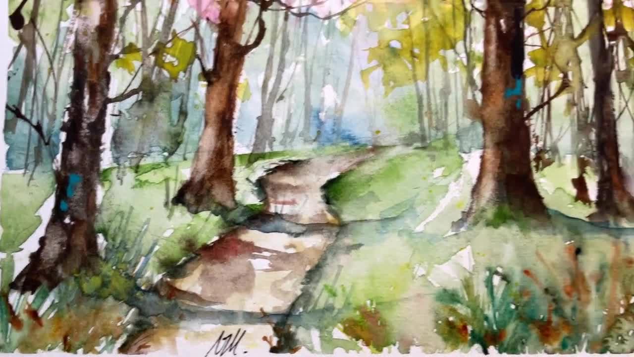 水彩画の春の森の風景、明るい下草のオリジナル絵画、緑の森の壁の装飾