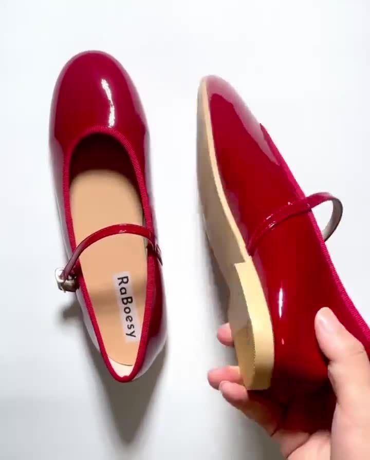 Women's Bright Red Flat Shoes, Leather Rounding Toe Shoes, Slip-on