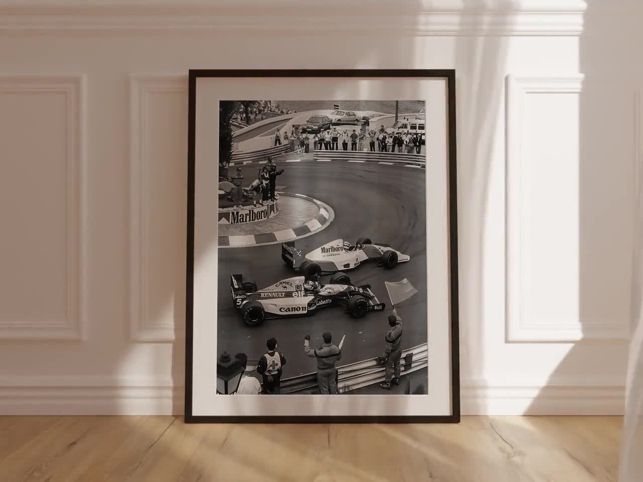 ビンテージ モナコGP レーシングプリント、白黒F1写真、セナとマンセル