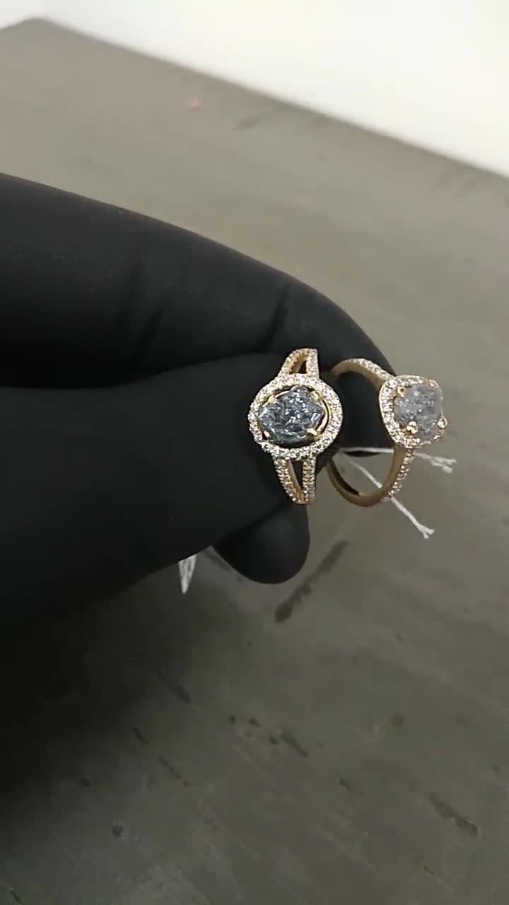 Raw gray diamond halo alternative engagement ring, rough uncut natural  gemstone 14k 18k gold natural diamond women boho promise ring 1.5ct