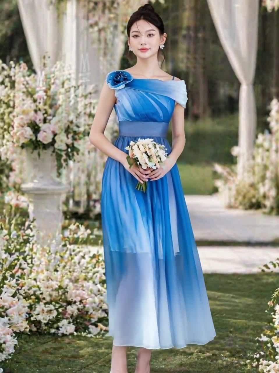 blue ombre chiffon dress Simple Elegant Ombre Chiffon A-line Bridesmiad Dresses For Wedding Prom Gowns
