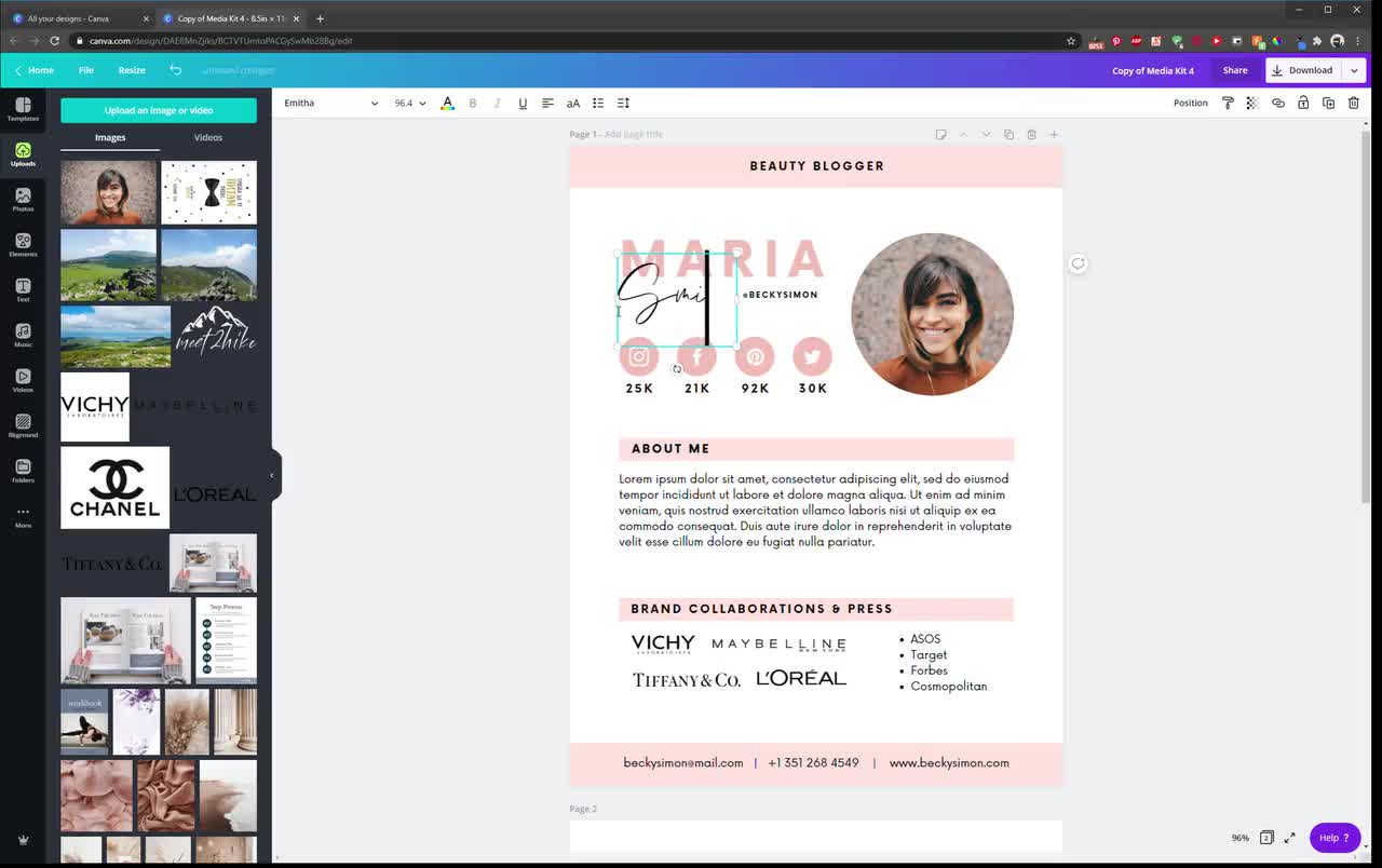 2 ページ メディア キット テンプレート | Blogger | メディア プレス キット テンプレート | Canva テンプレート |  インフルエンサー メディア キット テンプレート | Instagram インフルエンサー, image size:1280x804