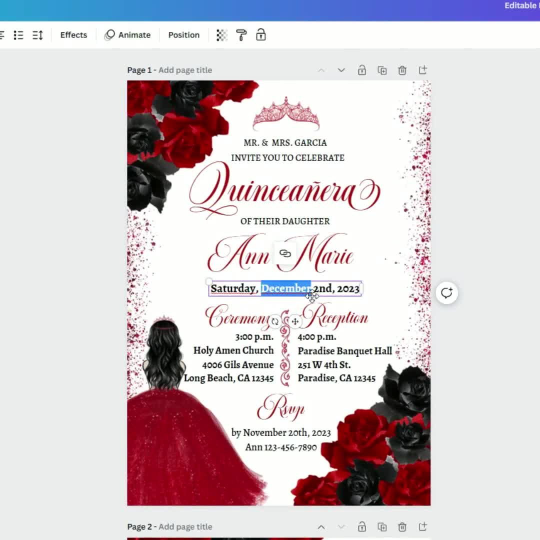 Invitación floral roja y negra para quinceañera: Plantilla editable de  Canva (descarga digital), image size:1080x1080