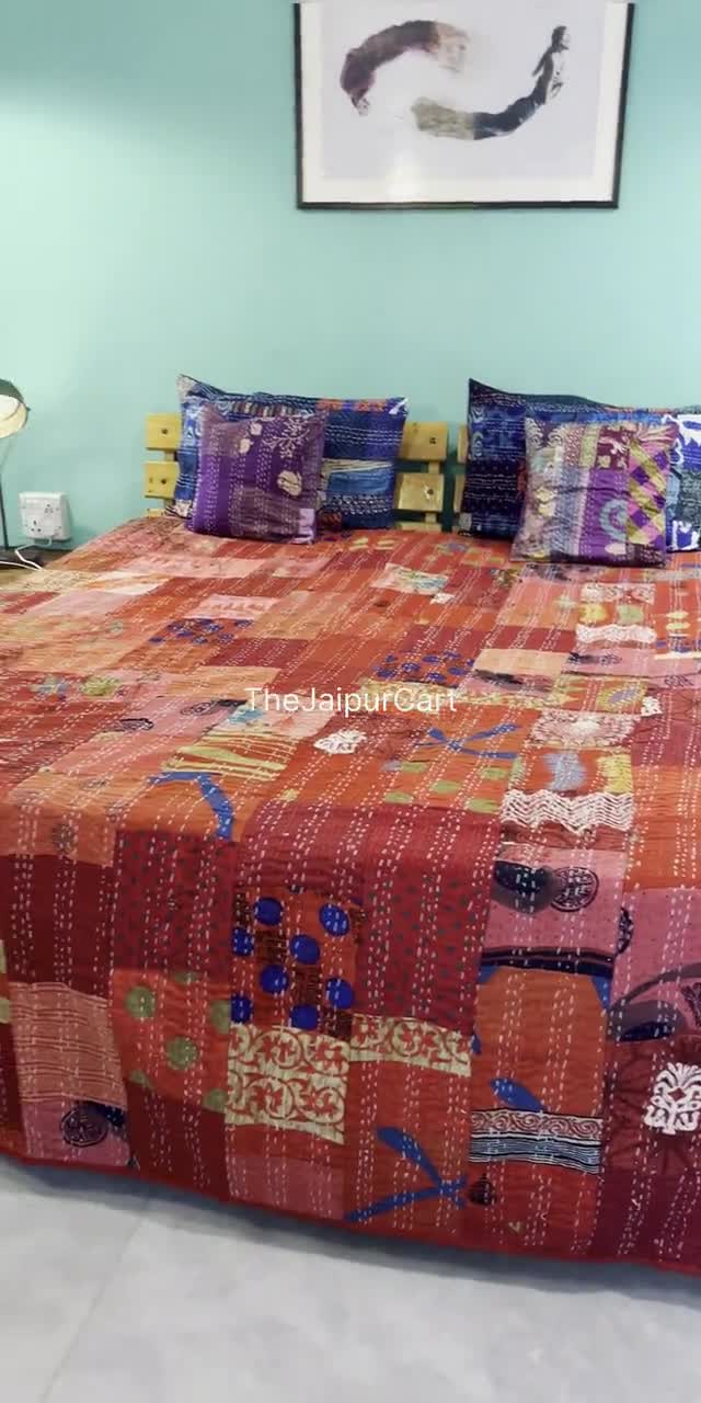 Copriletto indiano trapuntato Sari Kantha, realizzato a mano, con stampa floreale, matrimoniale 152,4 cm x 228,6 cm