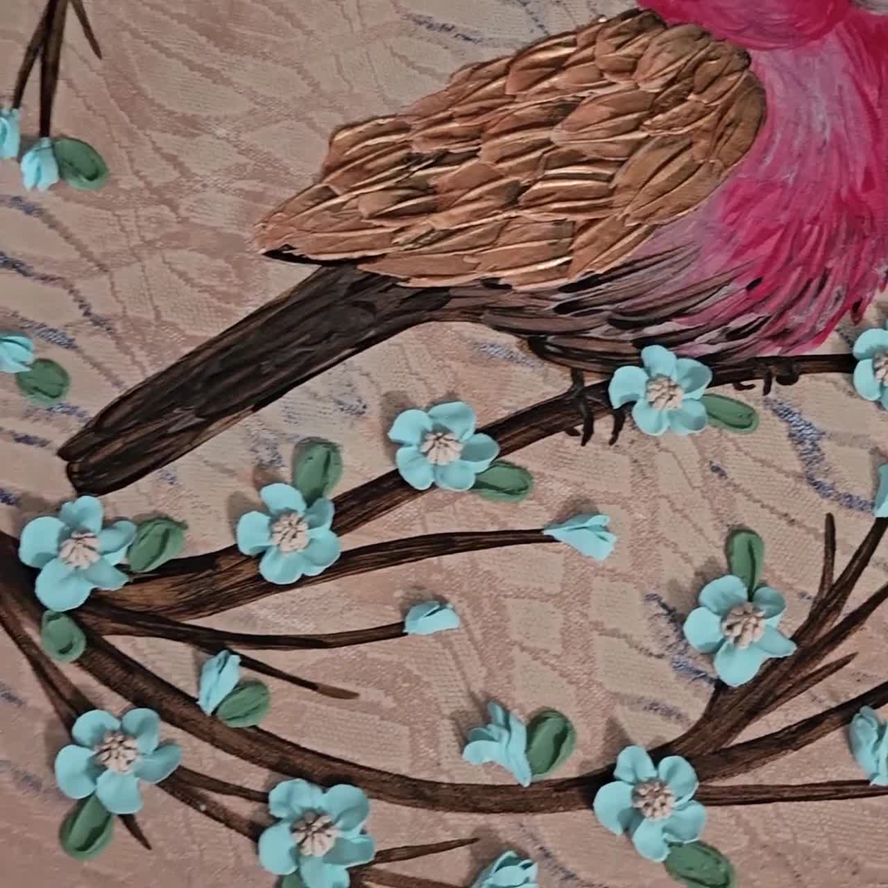Impasto Textured Painting of Red Finch on Blooming Branch, 20x20
