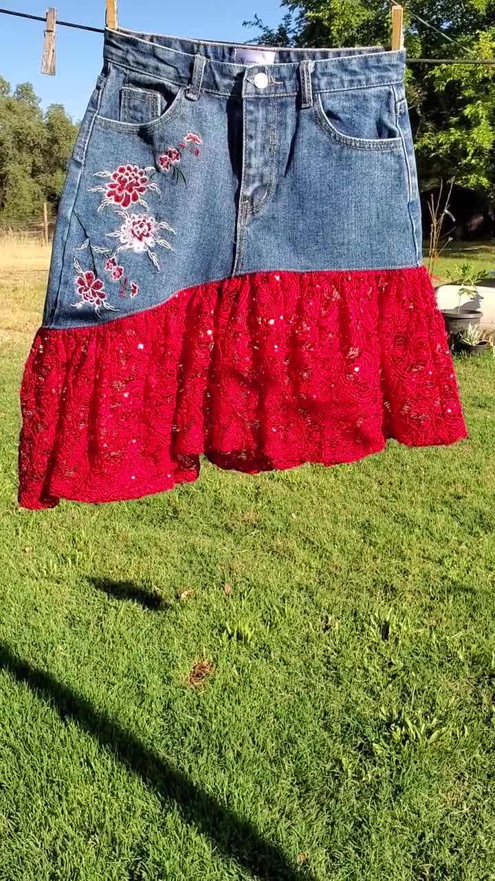 SUPER Sexy, Red Lace and Denim Upcycled Skirt, Very Sparkly