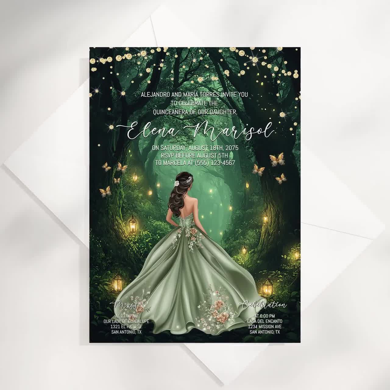empire waist tea length dress enchanted forest quinceanera invitations, green birthday invitations – Rosy  Prints main image 1