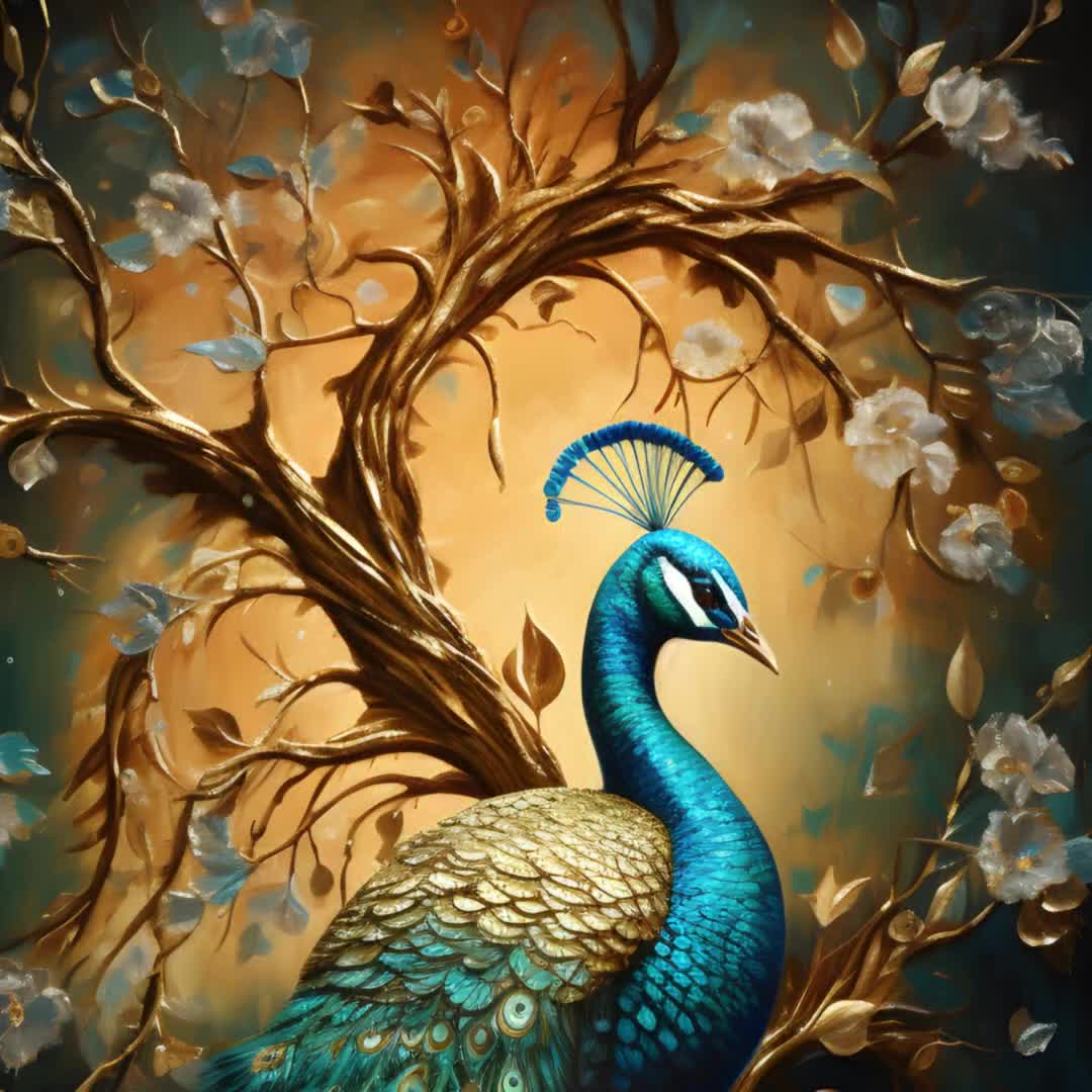 Magical Gold & Blue Peacock Artwork Painting | Beautiful Peacock