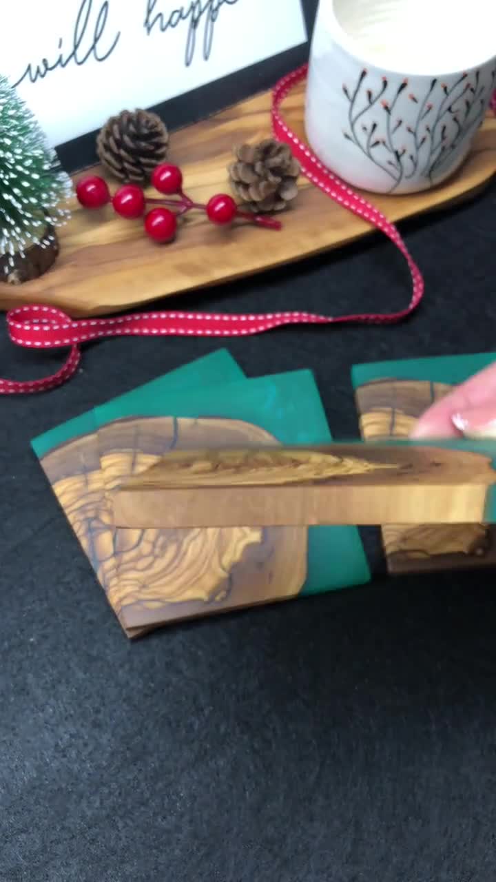 Olive Wood and Blue Resin Coasters – KC Original Creations