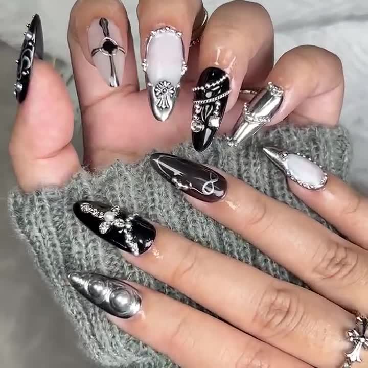 Gothic Black Press on Nails Short Almond Nails,halloween Nails