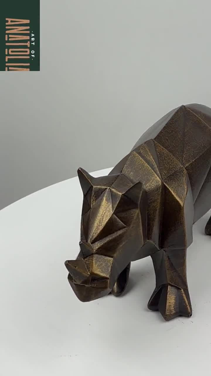 Cubic Abstract Rhino Statue: Gold Brown Rhinoceros Sculpture