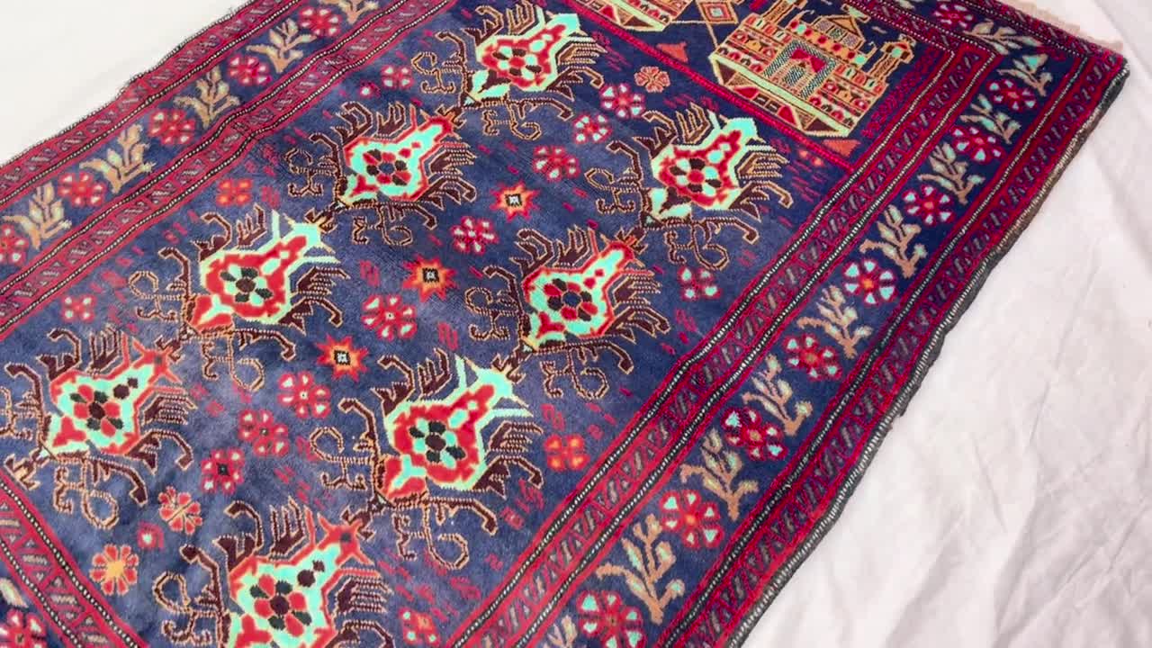 Afghan Navy Blue Rug: 4x5 Ft Hand-knotted Wool, Geometric Design