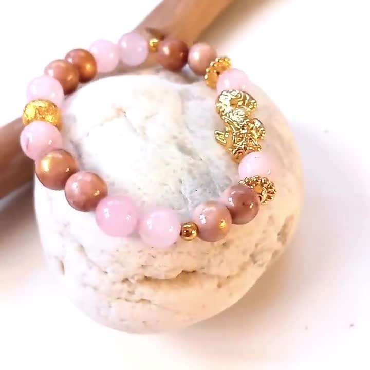 Pixiu Bracelet, Rose Quartz, Lucky Chinese Pi Xiu, Pink Jade Gemstone, 24K  Gold Plated Dragon, Asian Jewelry