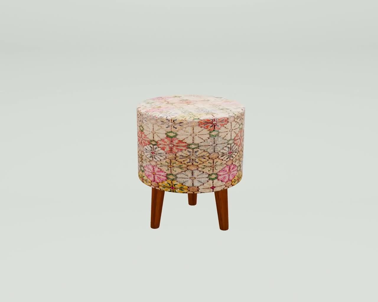 フットスツール　花柄　ヴィンテージ 花柄フットスツール、ヴィンテージデザインプーフ、ラウンド
