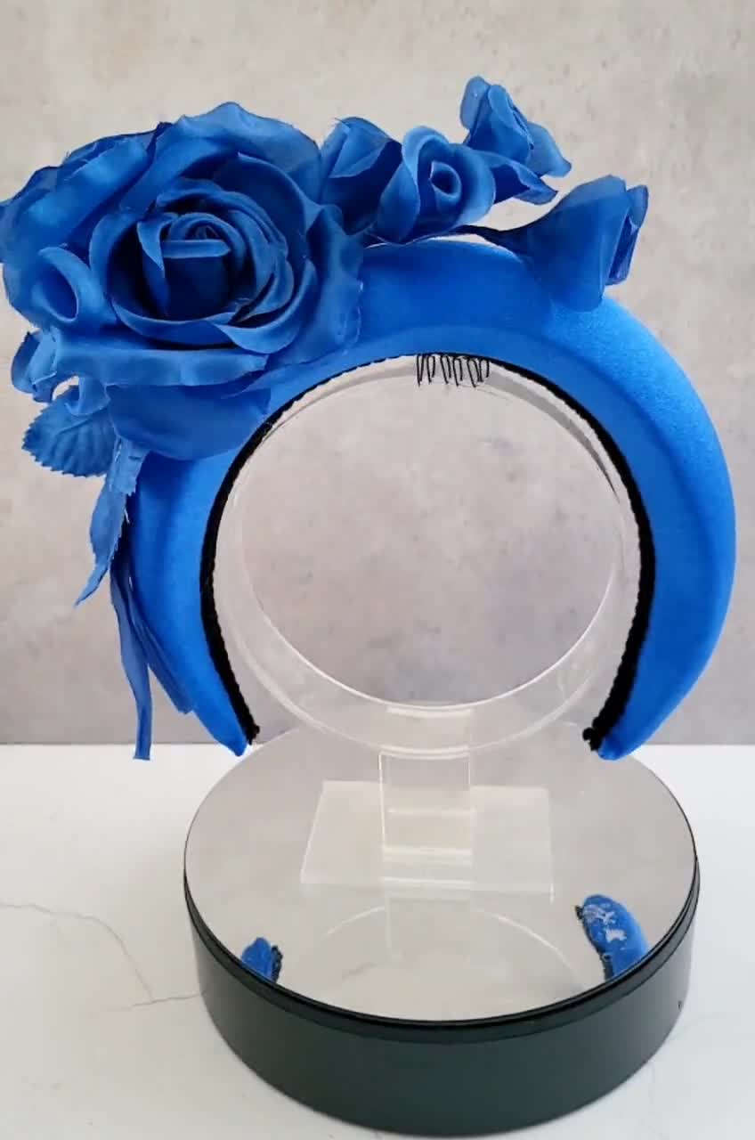 Royal Blue Flower Fascinator Padded Headband, With Blusher Veil