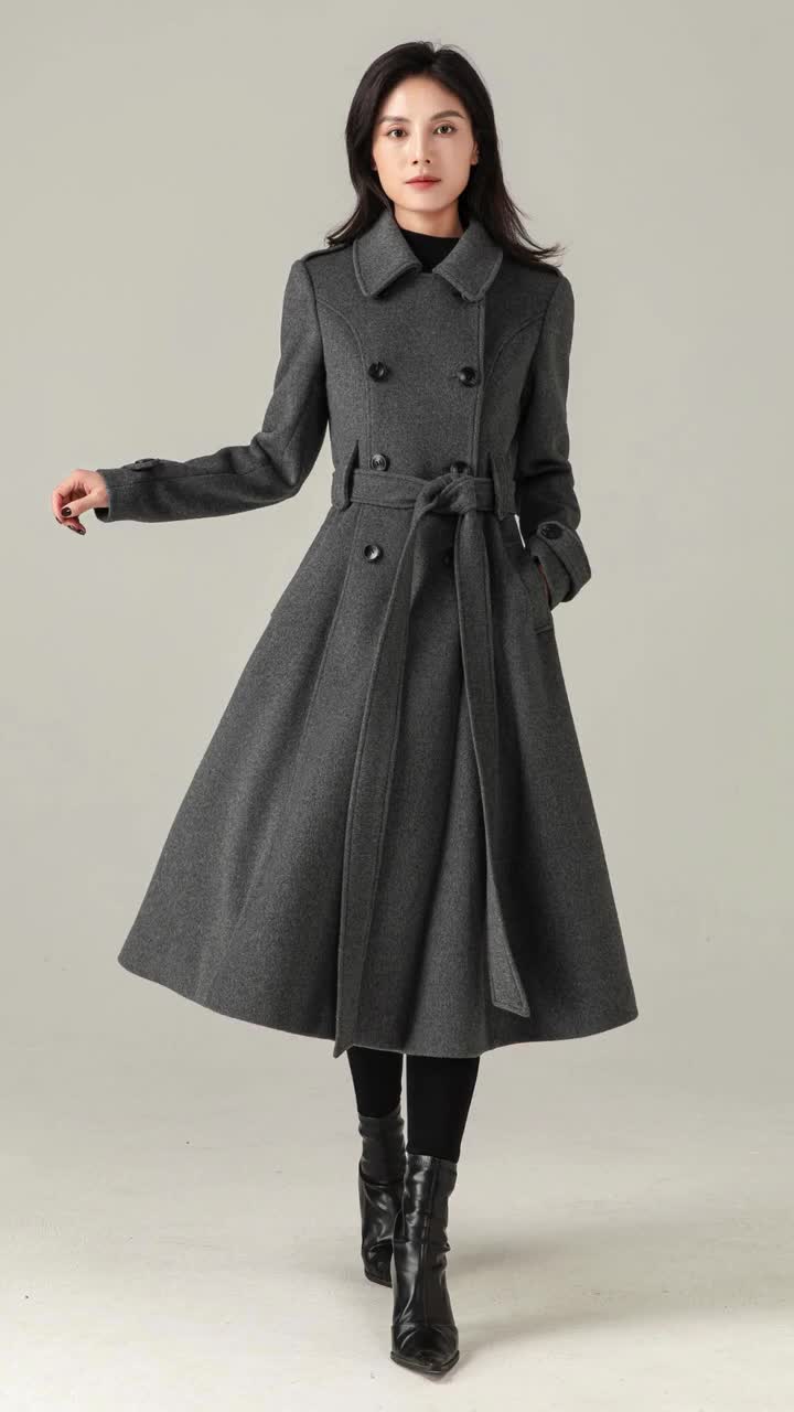 Gray Wool Blend Swing Coat: Double Breasted Belted Maxi Winter