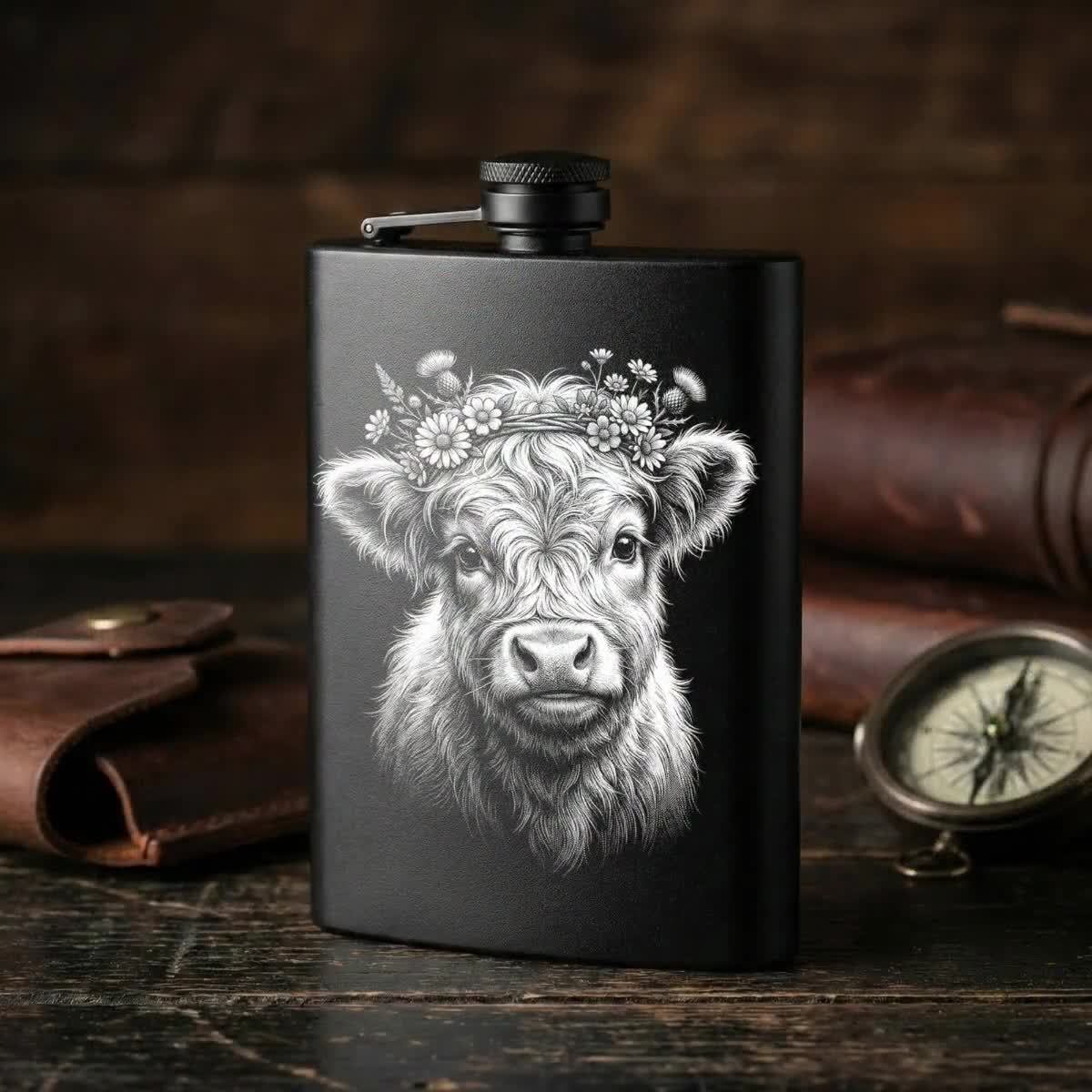 Highland Cow Calf Floral Crown | Slate Coaster Engrave | Lightburn Laser Ready | Pyrography Stencil PNG video poster