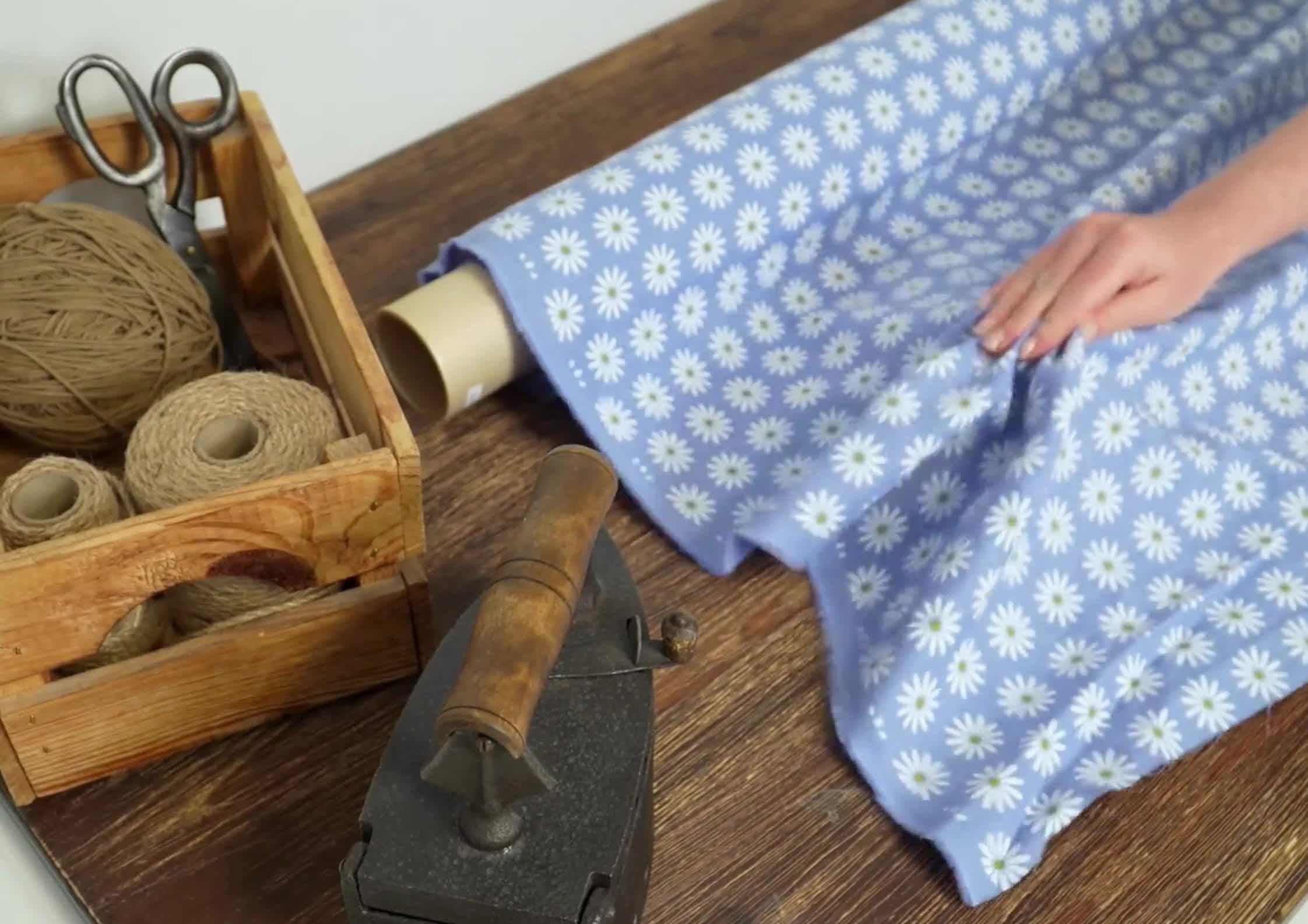 Light blue linen fabric with white daisy flower print by yard or meter medium weight 205 gsm 57 inch wide oeko tex video poster