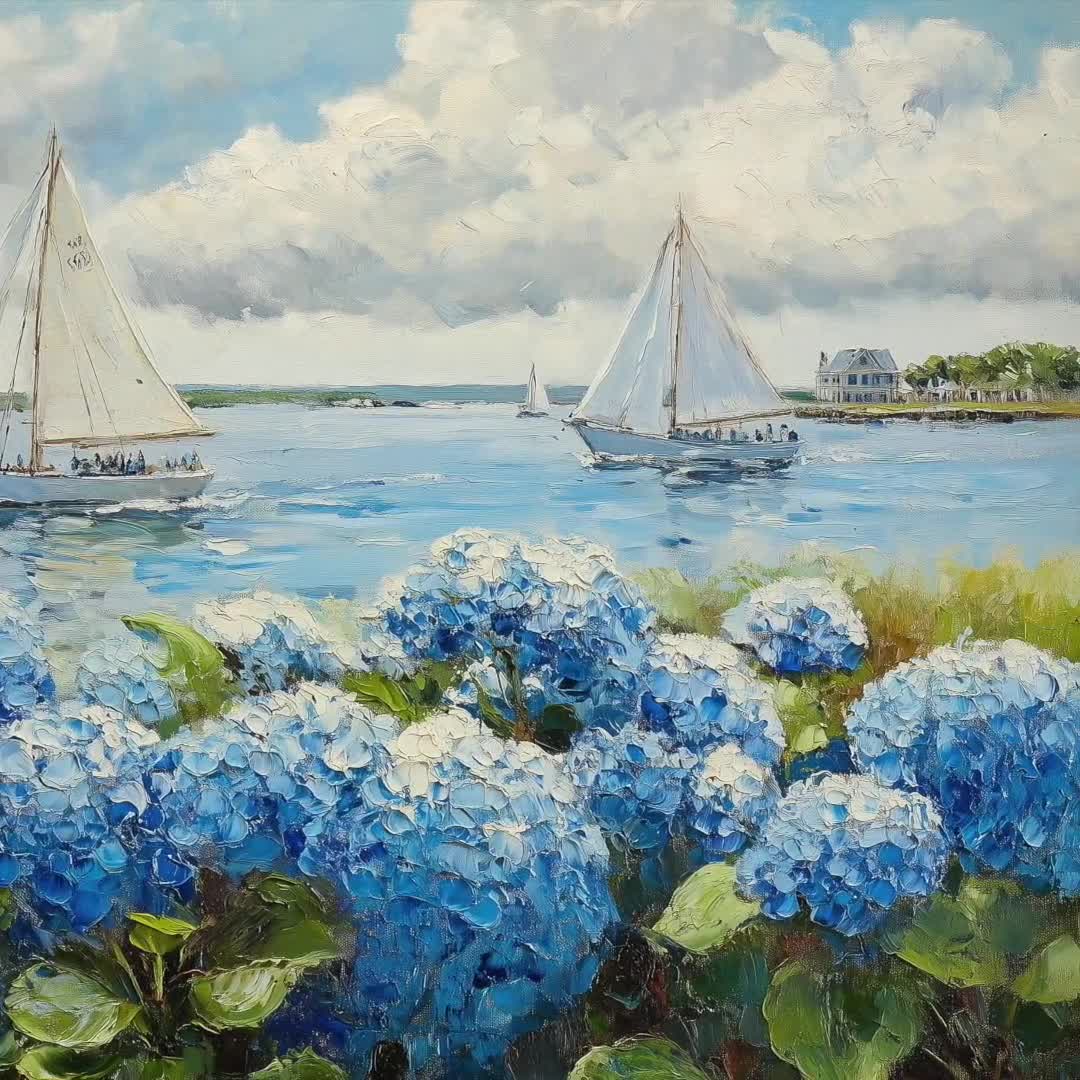 Blue Hydrangea and Sailboat Coastal Wall Art Set of 2 – Digital